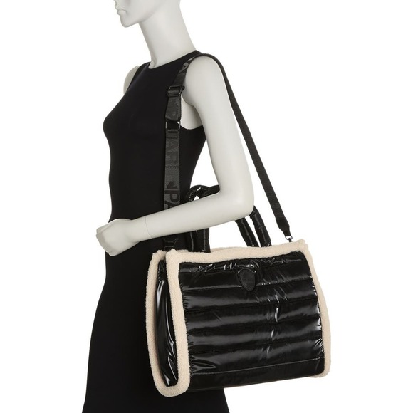 Pajar Tote Bag Quilted Puffer Sherpa Trim Shoulder Bag Black - Picture 6 of 13